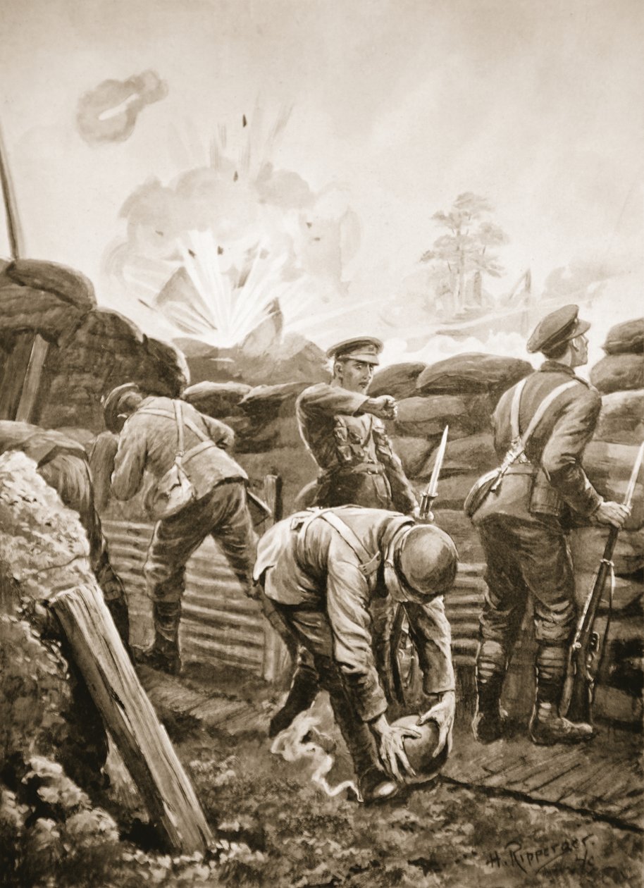 Korpraali Burt irroittamassa sulaketta saksalaisesta pommista, joka oli pudonnut hänen kaivoonsa tekijältä H. Ripperger