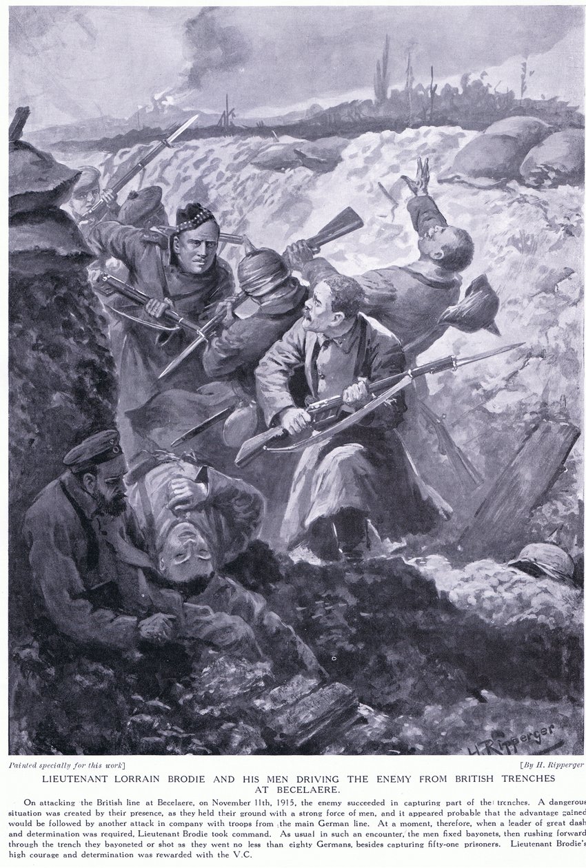 Luutnantti Lorrain Brodie voitti VC:n, kun hän ajoi vihollisen brittiläisistä juoksuhaudoista Becelaeressa marraskuussa 1915. tekijältä H. Ripperger
