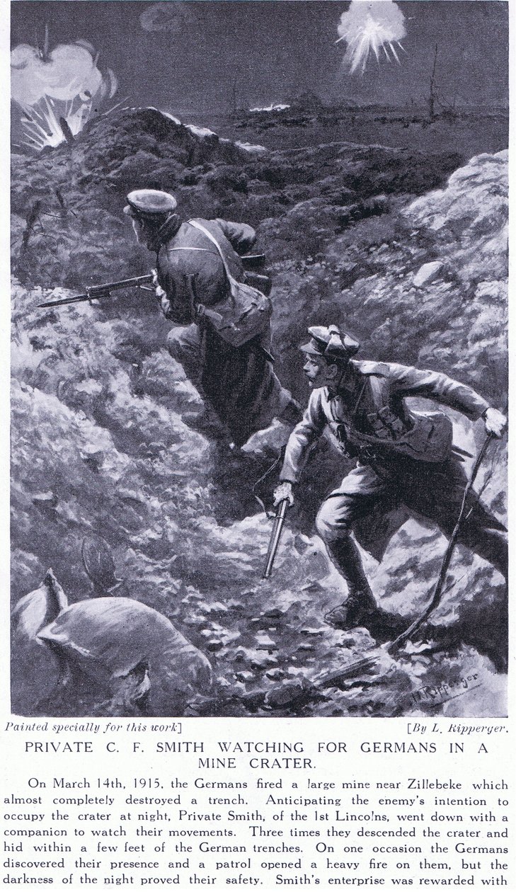 Yksityinen C. F. Smith tarkkailee saksalaisia kaivoskraatterissa Zillebekessä maaliskuussa 1915 tekijältä H. Ripperger