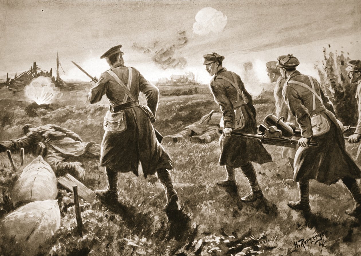 Sotamies De Ath avustaa juoksuhaudan kranaatin kuljettamisessa vihollisen linjoille tekijältä H. Ripperger
