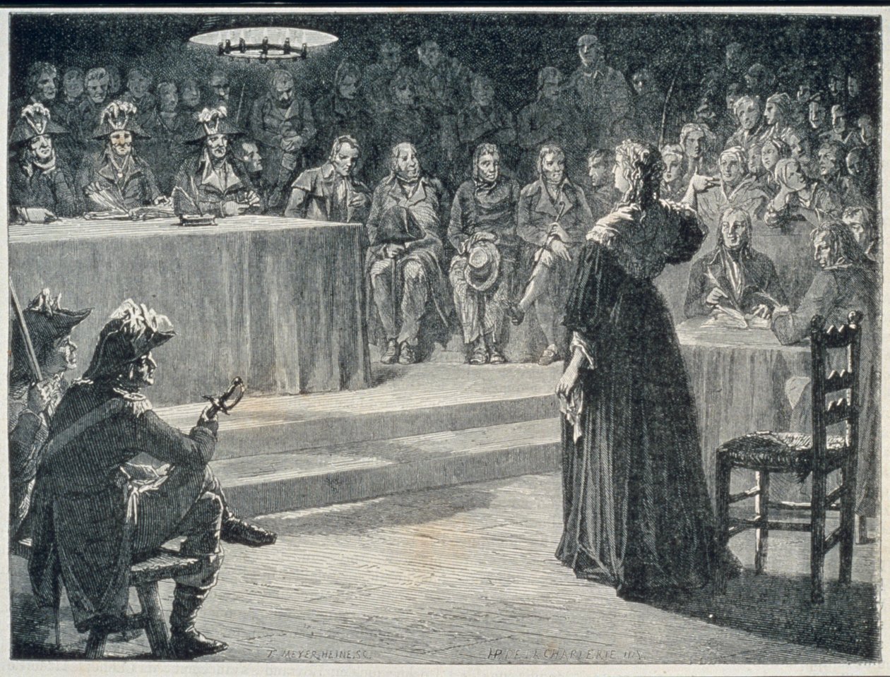 Marie-Antoinette vallankumoustuomioistuimen edessä vuonna 1793, kaivertaja Theodor Meyer-Heine tekijältä H. de la Charlerie