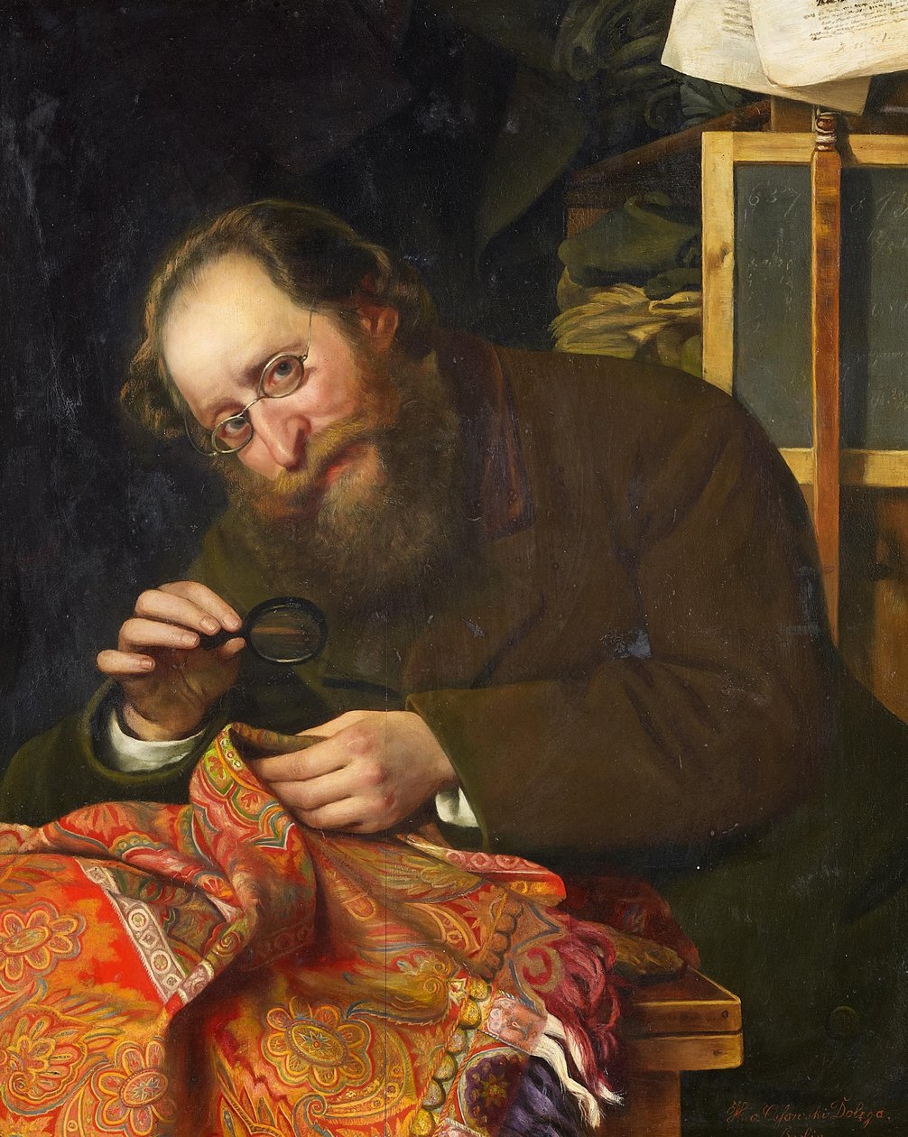 Porträt eines bärtigen Herren, mit Lupe eine Tapisserie studierend tekijältä H. von Ossowski Dolega