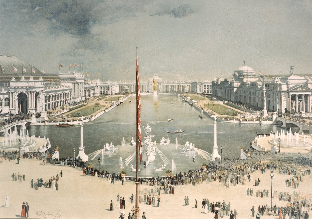 Worlds Columbian Exposition, näkymä MacMonnies Fountainilta itään kohti Court of Honor ja Grand Basin, Chicago, Illinois, 1893 tekijältä H.D. Nichols
