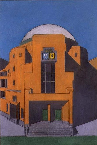 Haagin Gemeentemuseumin sisäänkäynnin suunnitelma (pastelli) tekijältä H.P. Berlage