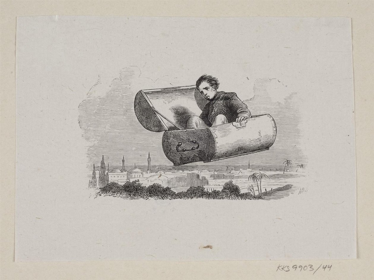 Kuvitus elokuvalle "The Flying Suitcase" H.C. Andersen, "Satuja ja tarinoita", osa 1 tekijältä H.P. Hansen