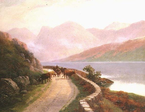 Drover lehmien kanssa Buttermere-järven rannalla, ilta tekijältä H.R. Hall