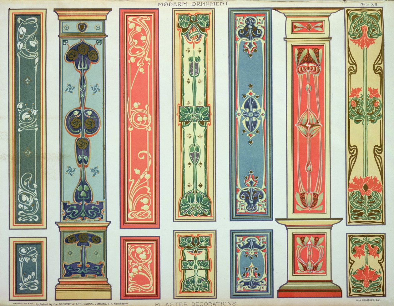 Paneelimallit, levy XII Decorative Art Journal Company Ltd:n julkaisemasta teoksesta "Modern Ornament", n. 1900. tekijältä H.Summerfield Rogerson