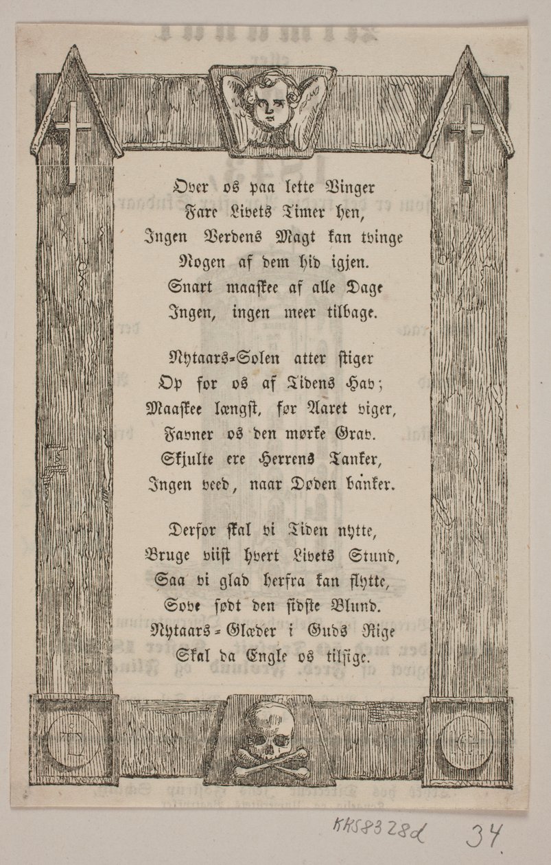Kehystetty enkelin pää, risti ja kallo tekijältä H. C. Henneberg