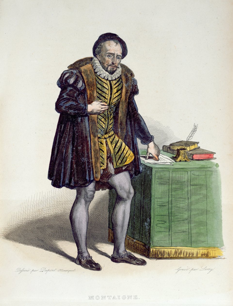 Michel Eyquem de Montaigne (1533-92) E. Mennechetin teoksesta "Le Plutarque Francais", 1835 (värikaiverrus) tekijältä H. Dupont