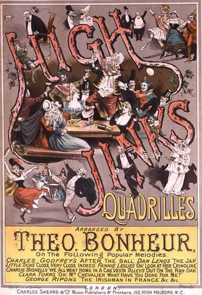 Theo Bonheurin sovitus "High Jinks Quadrilles" -musiikkikappaleen etukansi (värilitho) tekijältä H. G. Banks