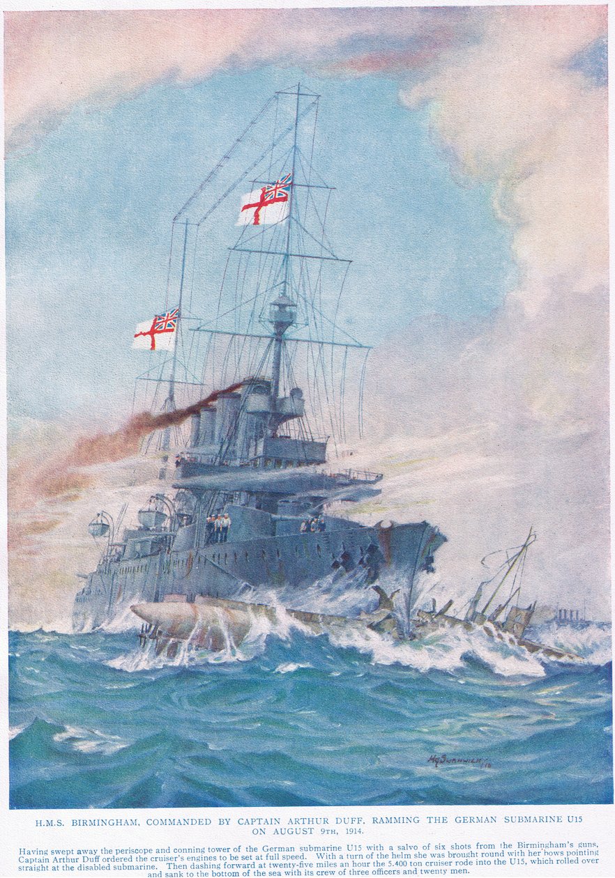 Kapteeni Arthur Duffin komentaja HMS Birmingham, joka törmäsi saksalaista sukellusvenettä U15 9. elokuuta 1914, esimerkki teoksesta Deeds that Thrill the Empire, julkaisija Hutchinson und Co., n. 1920 (väri li tekijältä H. G. Swanwick
