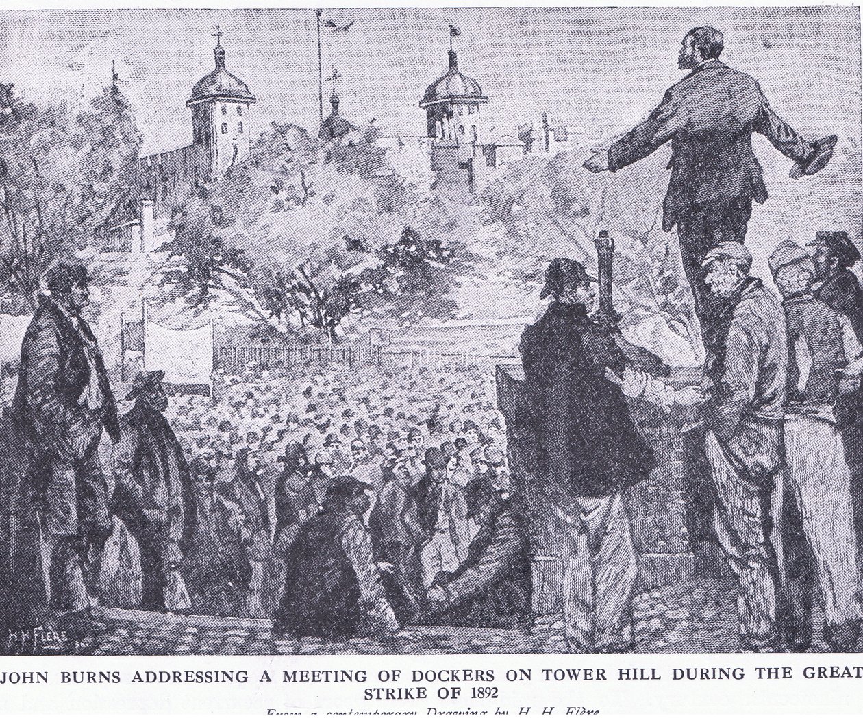 John Burns puhumassa satamatyöläisten kokouksessa Tower Hillillä vuoden 1892 suuren lakon aikana, Waverley Book Company Limitedin julkaisemasta Cassells History of the British People -teoksesta, n. 1940. tekijältä H. H. Flere