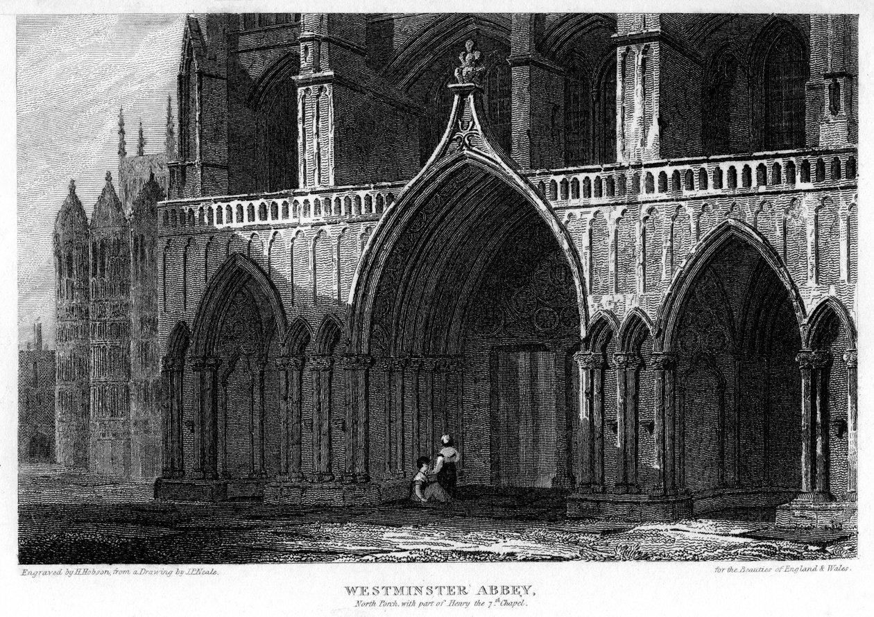 Pohjoinen kuisti, jossa on osa Henry VII -kappelia, Westminster Abbey, Lontoo, 1815. tekijältä H. Hobson