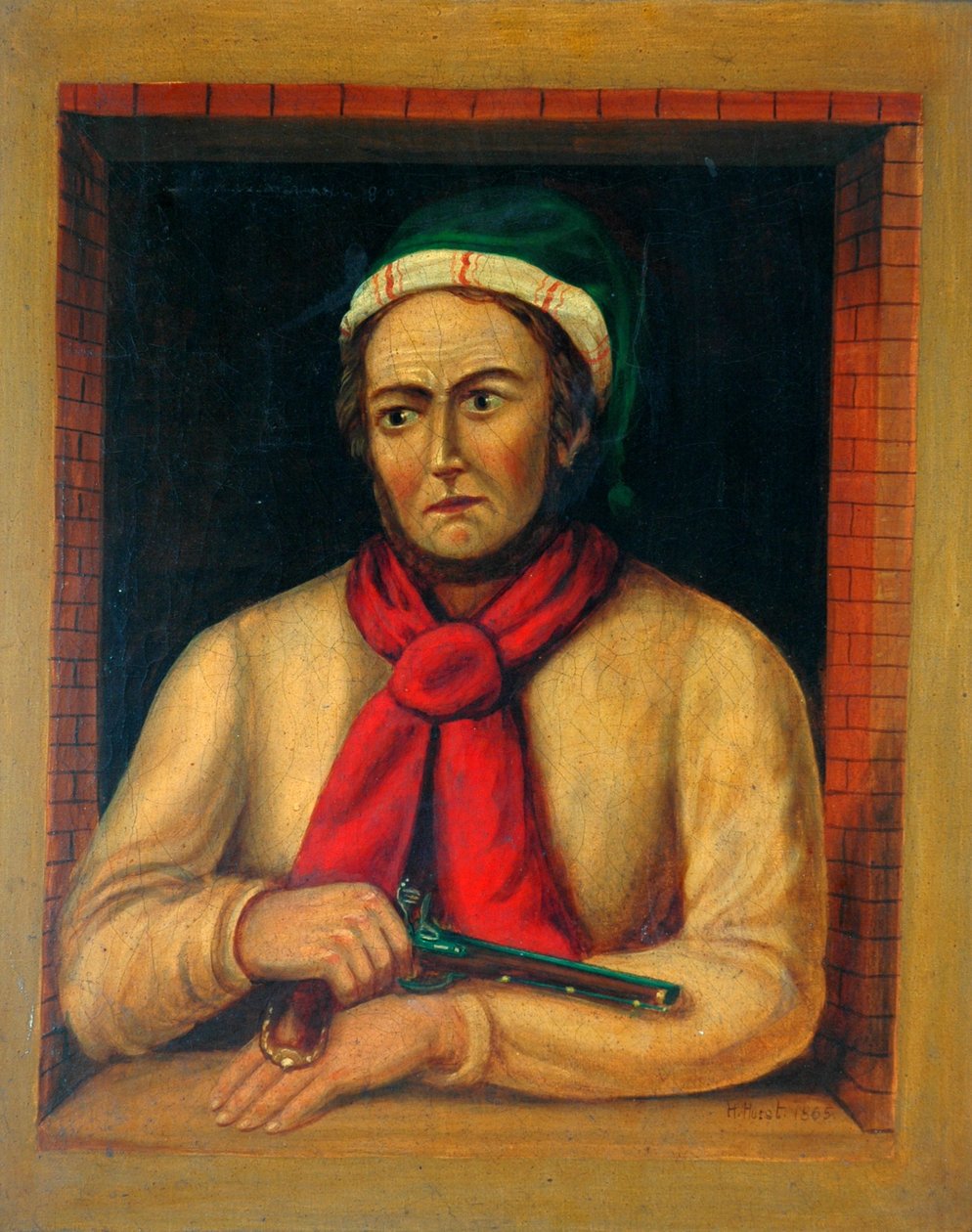 Mies aseella katselee ikkunasta, 1865 tekijältä H. Hurst