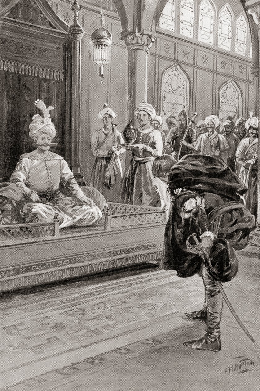 Sir Anthony Shirley vierailee Shah Abbas Suuren hovissa Persiassa vuonna 1599, Hutchinsonin kansojen historiasta, pub.1915 tekijältä H. M. (after) Burton