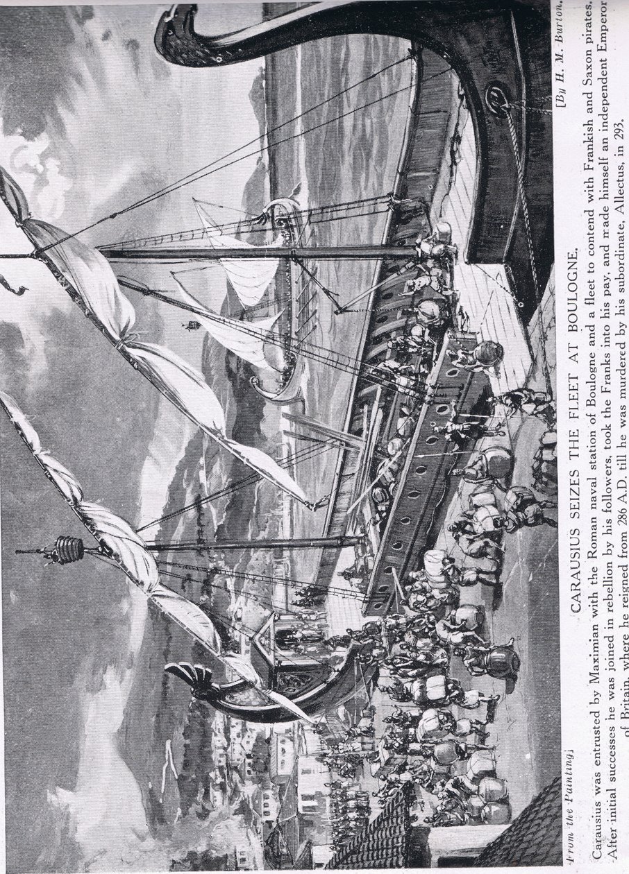 Carausius valtaa laivaston Boulognessa, kuva Hutchinsonin kansojen historiasta, n. 1910 tekijältä H. M. Burton