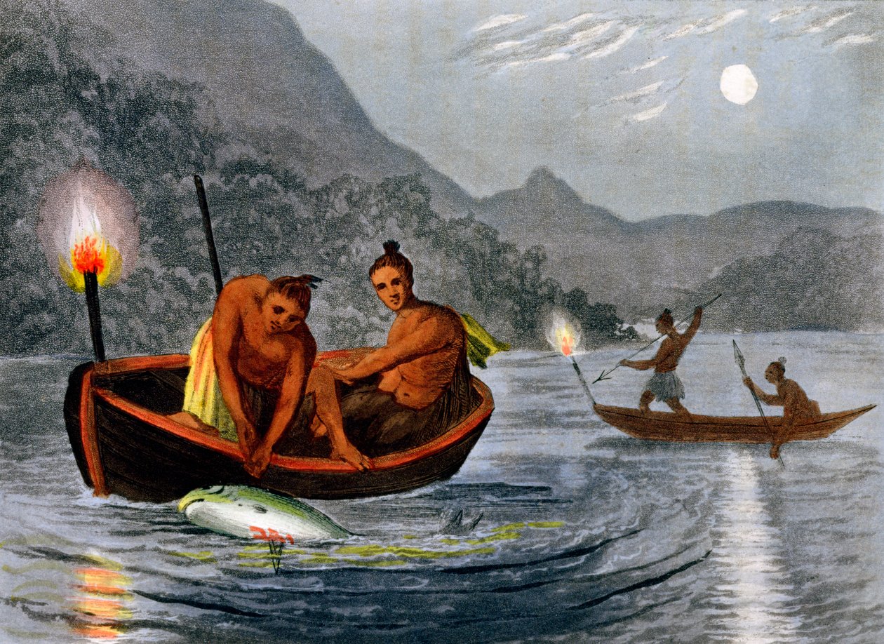 Amerikkalaiset intiaanit kalastavat taskulamppujen valossa Pohjois-Amerikassa, 1813 tekijältä H Merke