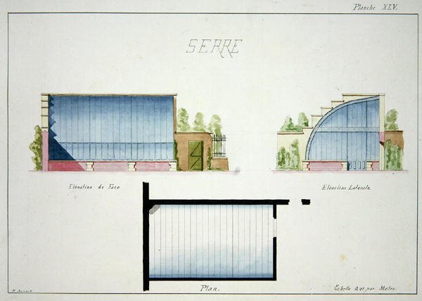Suunnittelu kasvihuoneeseen, jossa on kaarevat lasiseinät ja katto, alkuperäisten klassisten ja varhaisten Belle-Epoque-tyylien piirustusten foliosta, n. 1870 (kynä ja muste paperille) tekijältä H. Monnot