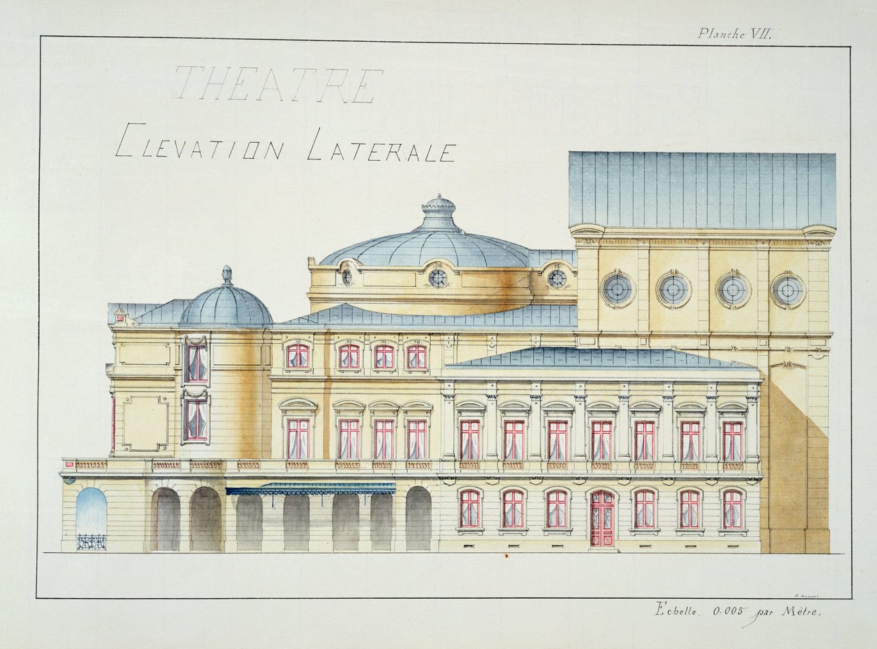Lateral Elevation of a Theatre, levy VII mallifoliosta, n. 1870 tekijältä H. Monnot