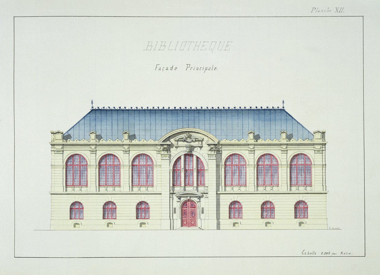 Kirjaston pääjulkisivu, levy XII mallisarjasta, noin 1870. tekijältä H. Monnot