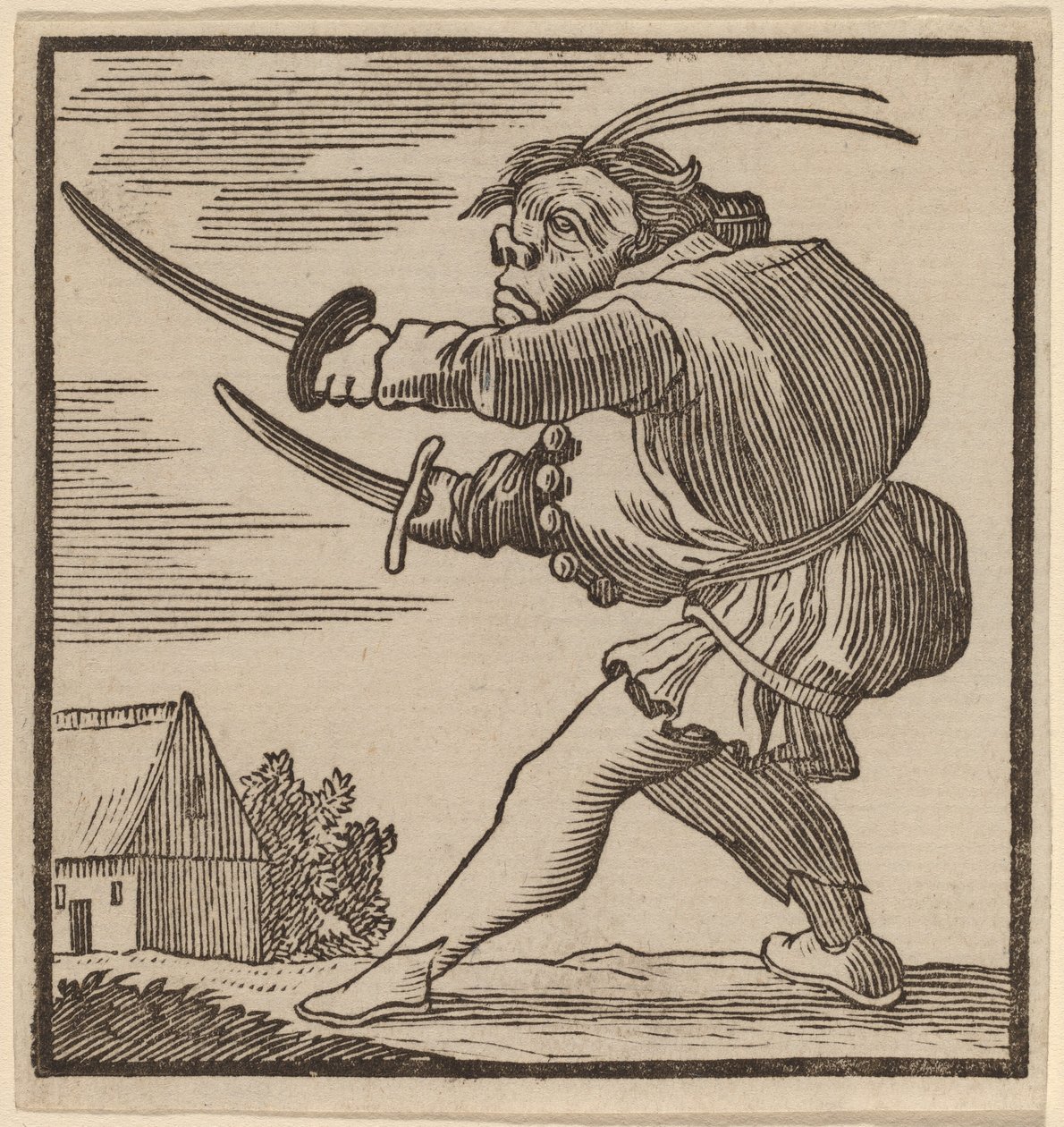 Kypärä selkä heiluttelee kahta miekkaa tekijältä H. Numan after Jacques Callot