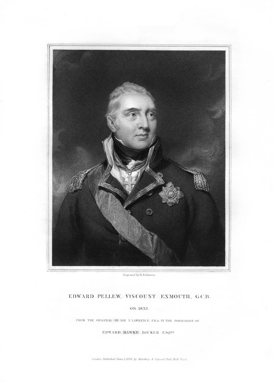 Edward Pellew, 1. varakreivi Exmouth, brittiläinen merivoimien upseeri, 1834. tekijältä H. Robinson