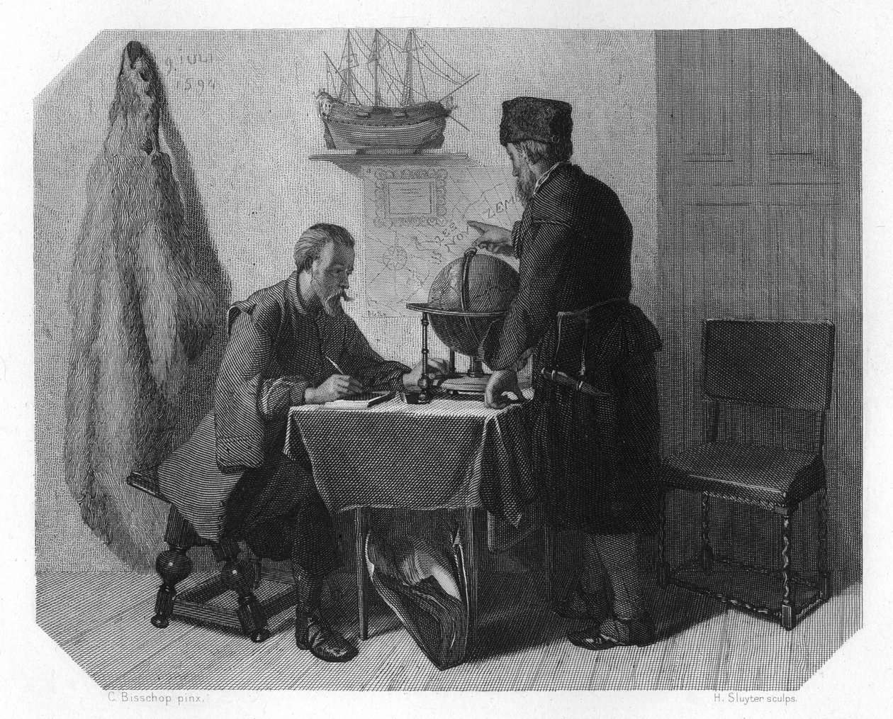 Willem Barents ja Jacob van Heemskerk kartoittavat reittiään, 1596 c1870 tekijältä H. Sluyter