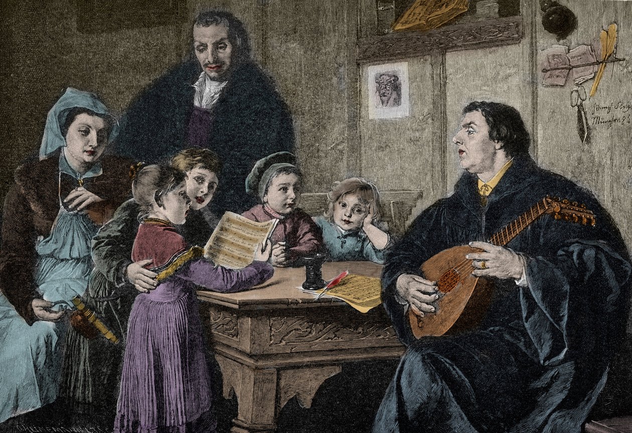 Martti Luther (1483-1546) perheensä keskellä (kaiverrus H Stelznerin mukaan) tekijältä H. Stelzner