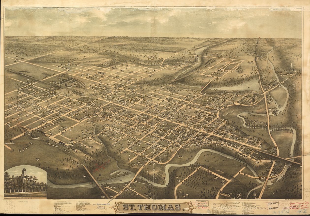 Perspektiivikartta ei ole piirretty mittakaavassa. Suuntautunut pohjoiseen vasempaan alakulmaan. Lintuperspektiivi. LC Panoramic maps (2. painos), 1074 Saatavilla myös Library of Congress -verkkosivuston kautta rasterikuvana. Sisältää illuksen. ja hakemist tekijältä H.; Stoner Brosius
