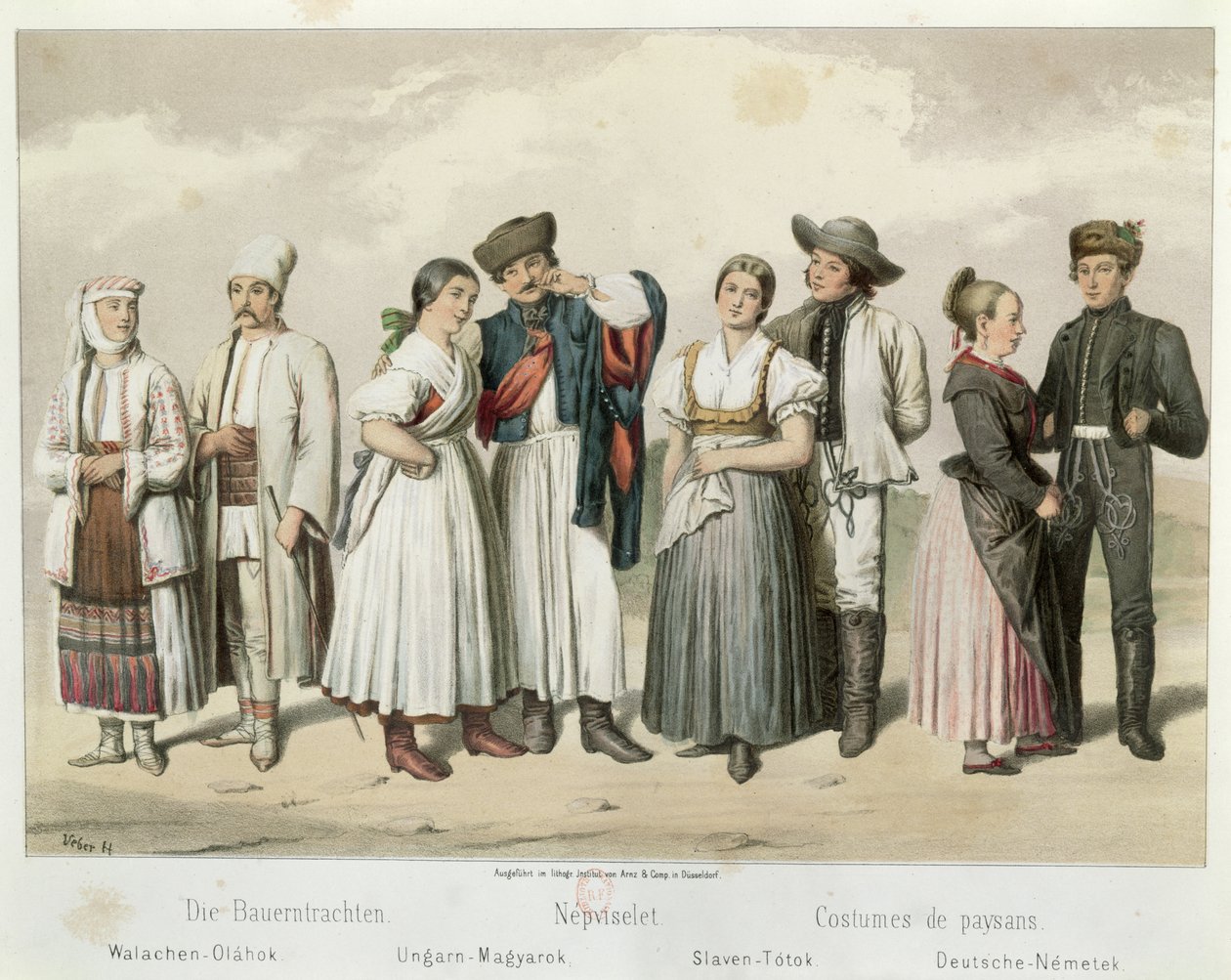Talonpoikien puvut (L–R) Romaniasta, Unkarista, Slovakiasta ja Saksasta, Gabriel de Pronayn teoksesta Esquisses de la Vie Populaire en Hongriche, 1855 tekijältä H. Veber