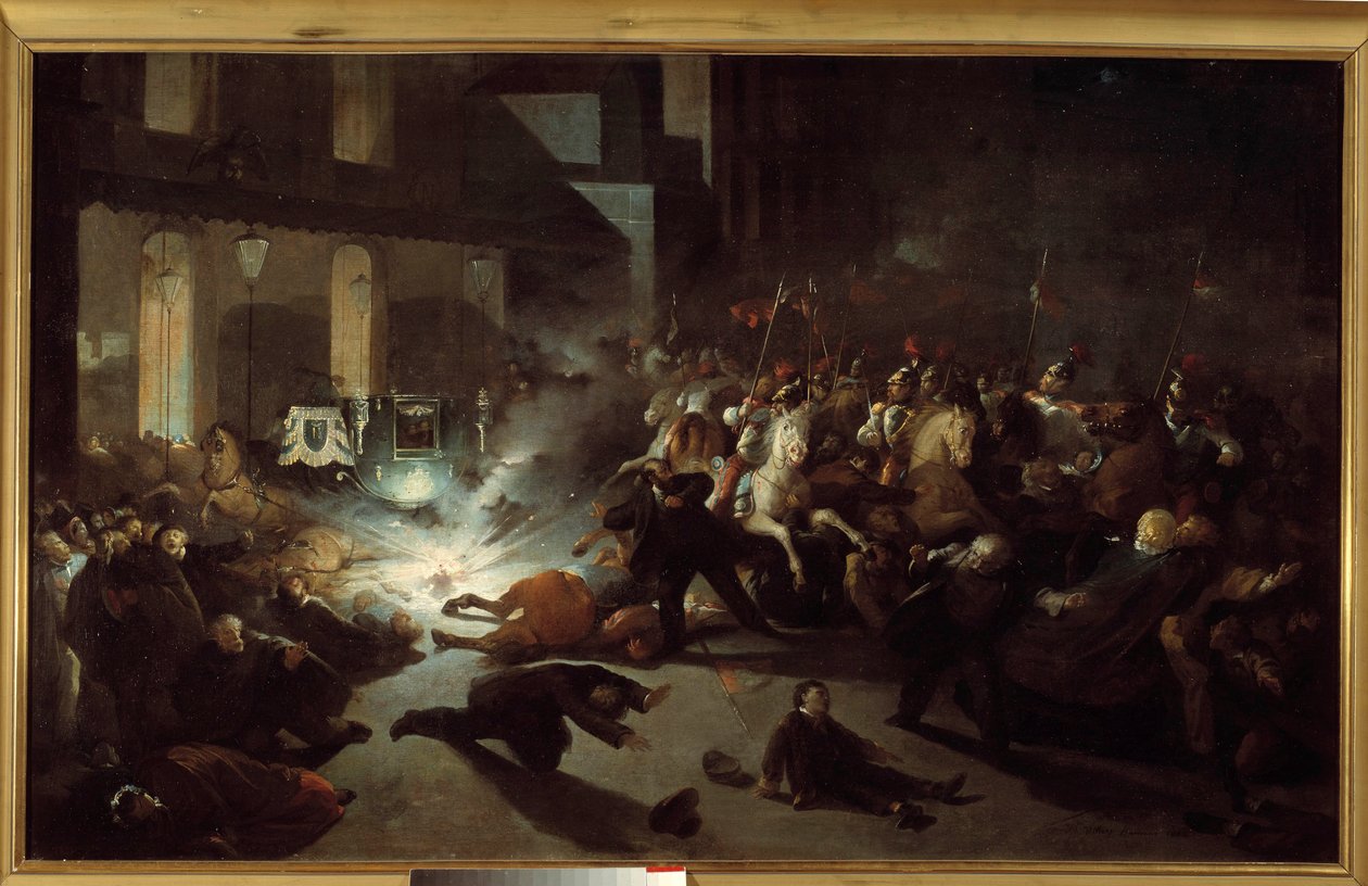 Napoleon III:n salamurhayritys Felice Orsinin toimesta Pariisissa 14. tammikuuta tekijältä H. Vittori Romano