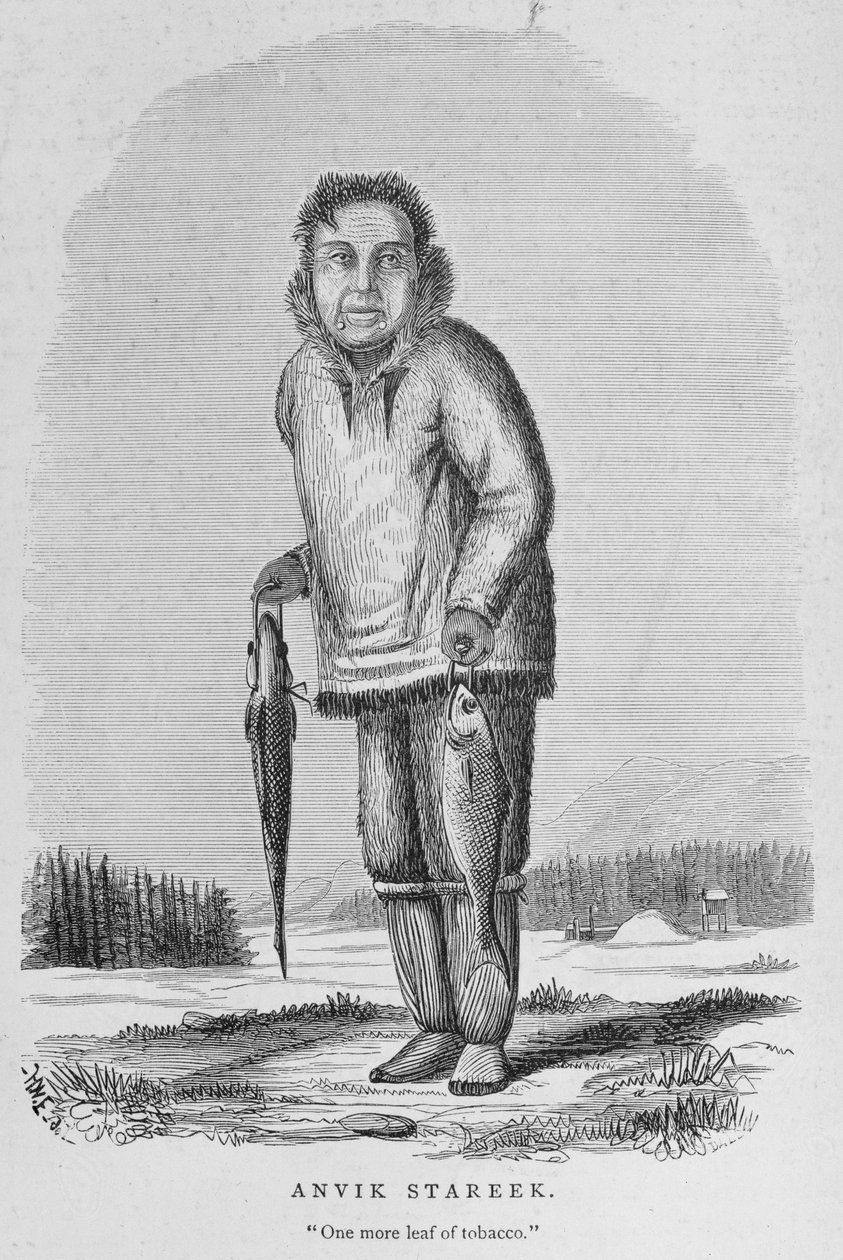 Anvik Stareek tai "One More Leaf of Tobacco", "Alaska ja sen luonnonvarat", William H. Dall, kaiverrus John Andrew, pub. 1870 tekijältä H. W., Elliot