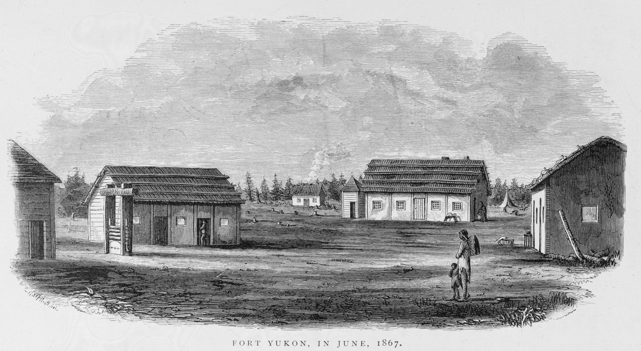 Fort Yukon, kesäkuu 1867, "Alaska ja sen luonnonvarat", William H. Dall, kaiverrus John Andrew, pub. 1870 tekijältä H. W., Elliot