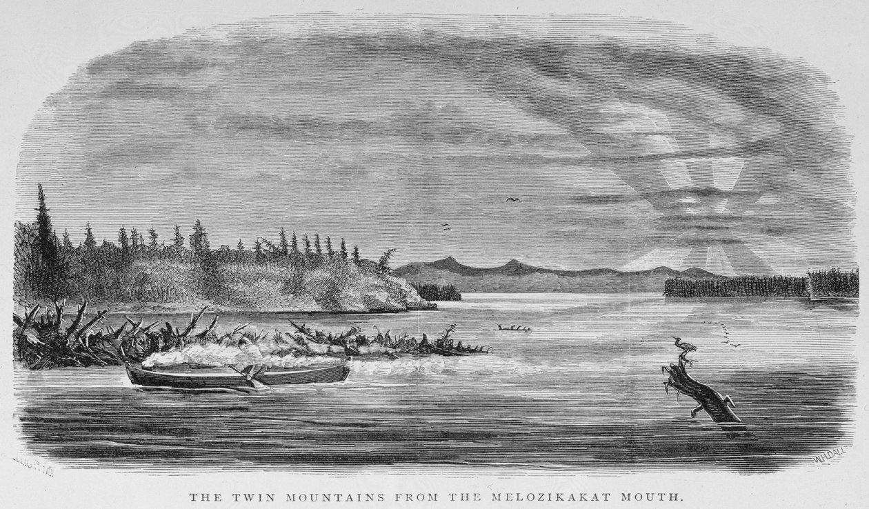 Twin Mountains Melozikakat Mouthista, "Alaska ja sen luonnonvarat", William H. Dall, kaiverrus John Andrew, pub. 1870 tekijältä H. W., Elliot