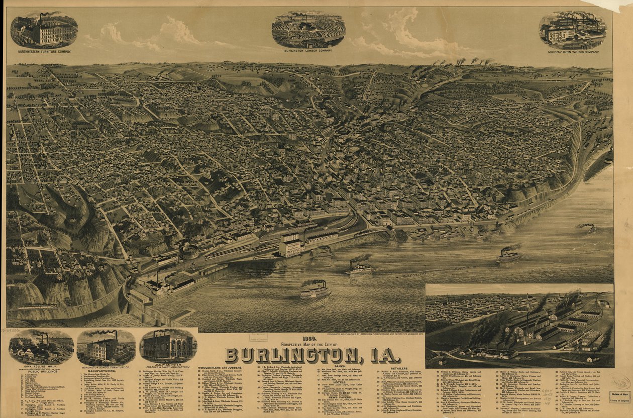 Vuoden 1889 perspektiivikartta Burlingtonin kaupungista, Ia. LOC 75693230 tekijältä H. Wellge