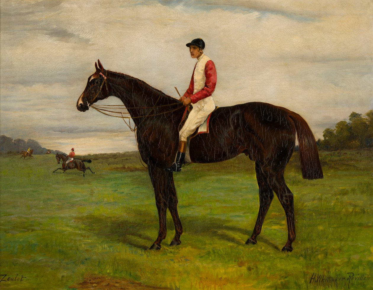 Zealot lahden kilpahevonen jockeyn kanssa, n. 1871-1933 (öljy kankaalle) tekijältä H. Whittaker Reville