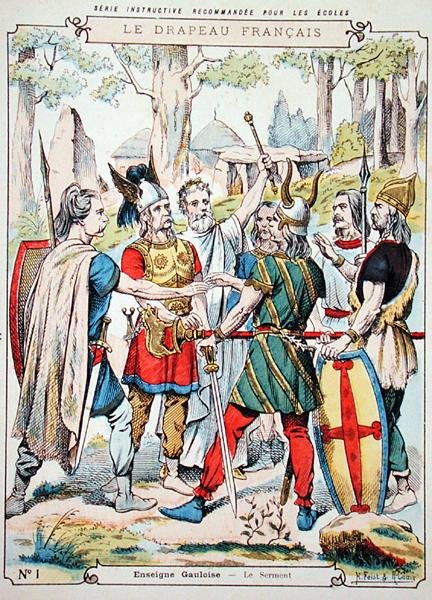Gallialaiset soturit vannovat valan, koulukirjojen suojaholkista, 1800-luvun loppu (väri litho) tekijältä H. and Louis R. Feist