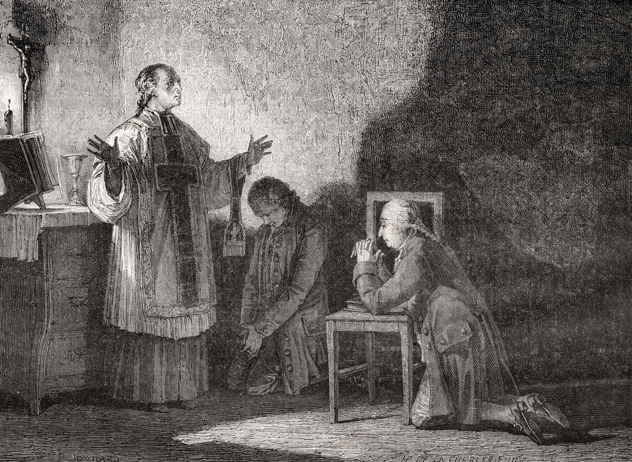 Ludvig XVI (1754-93) rukouksessa ennen teloitustaan tekijältä H. de la Charlerie