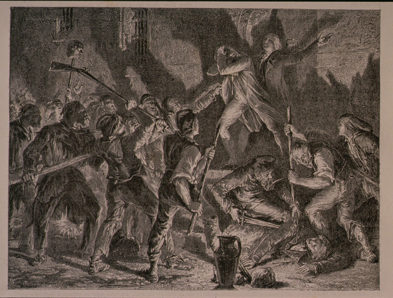 Teurastus vankiloissa syyskuussa 1792, kaiverrus Jean-Baptiste Charles Carbonneau (s.1815) tekijältä H. de la Charlerie