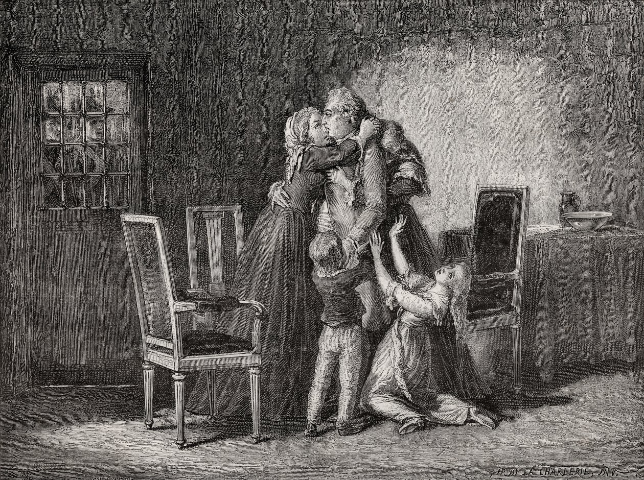 Kuninkaallisen perheen viimeiset jäähyväiset, 20. tammikuuta 1793, kaiverrettu Carbonneau, Louis Blancin (1811-82) teoksesta "Histoire de la Revolution Francaise" tekijältä H. de la Charlerie
