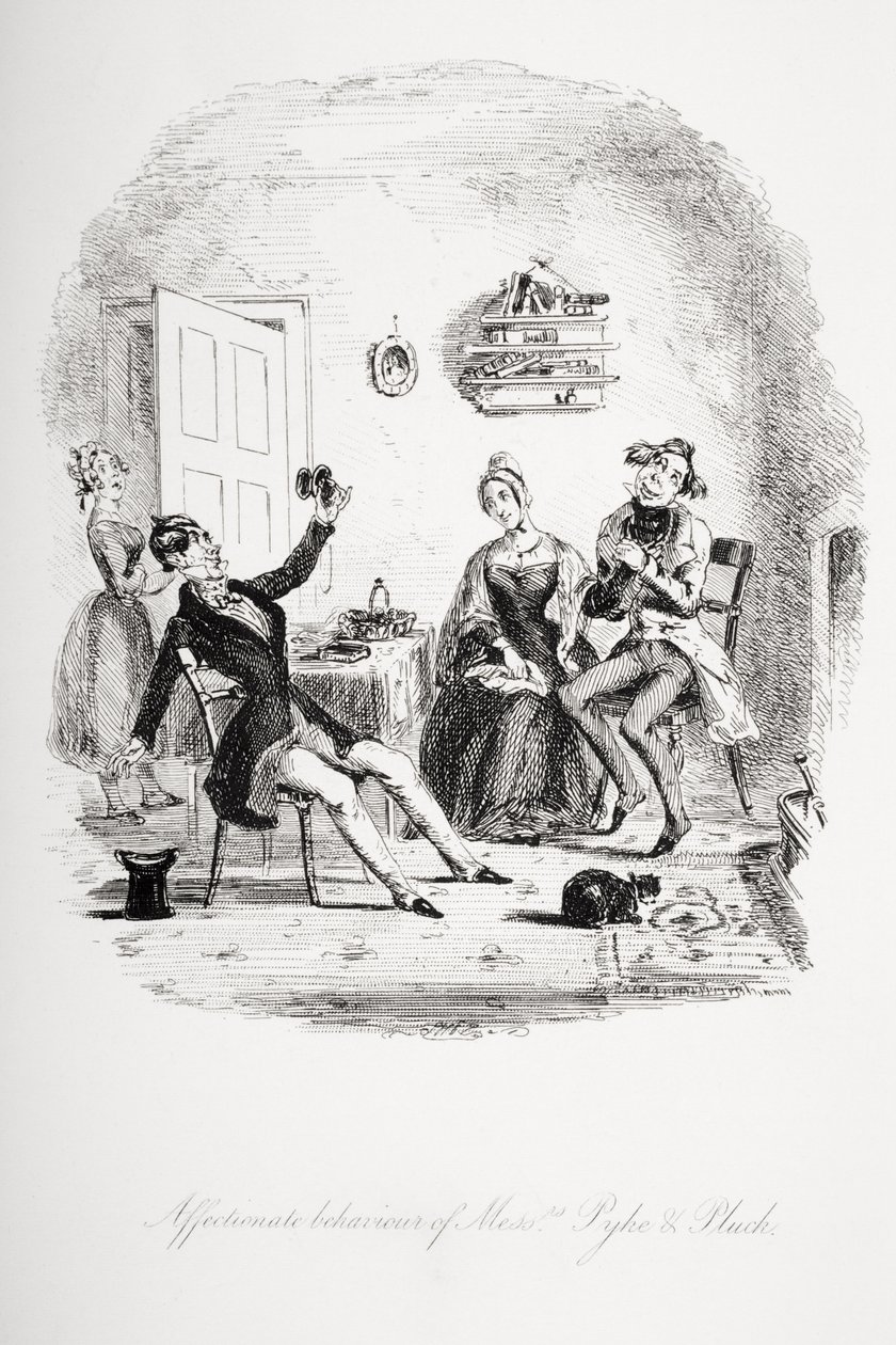 Herra Pyken ja Pluckin lempeä käytös, kuvitus Charles Dickensin (1812-70) teoksesta "Nicholas Nickleby", julkaistu 1839 tekijältä Hablot Knight Browne
