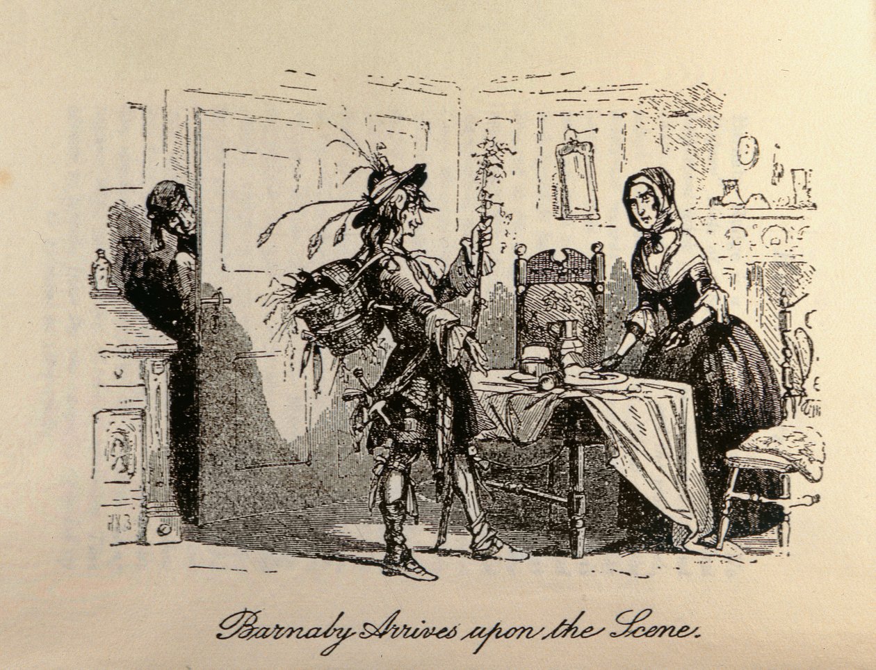 "Barnaby Arrives on the Scene", Charles Dickensin (1812-70) "Barnaby Rudgesta" tekijältä Hablot Knight Browne