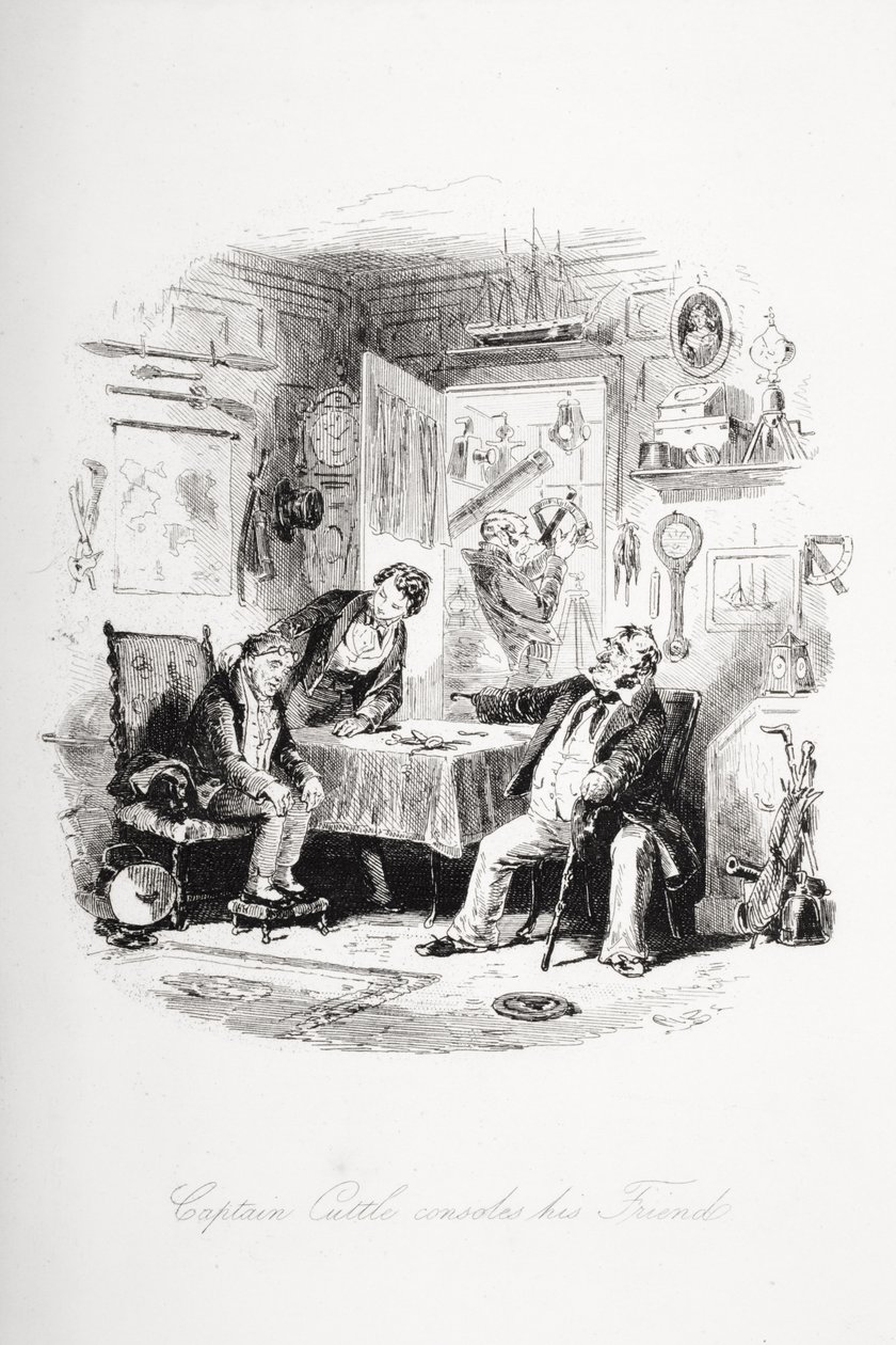 Kapteeni Cuttle lohduttaa ystäväänsä, kuvitus Charles Dickensin (1812-70) "Dombey and Son" -teoksesta, joka julkaistiin ensimmäisen kerran 1848 tekijältä Hablot Knight Browne