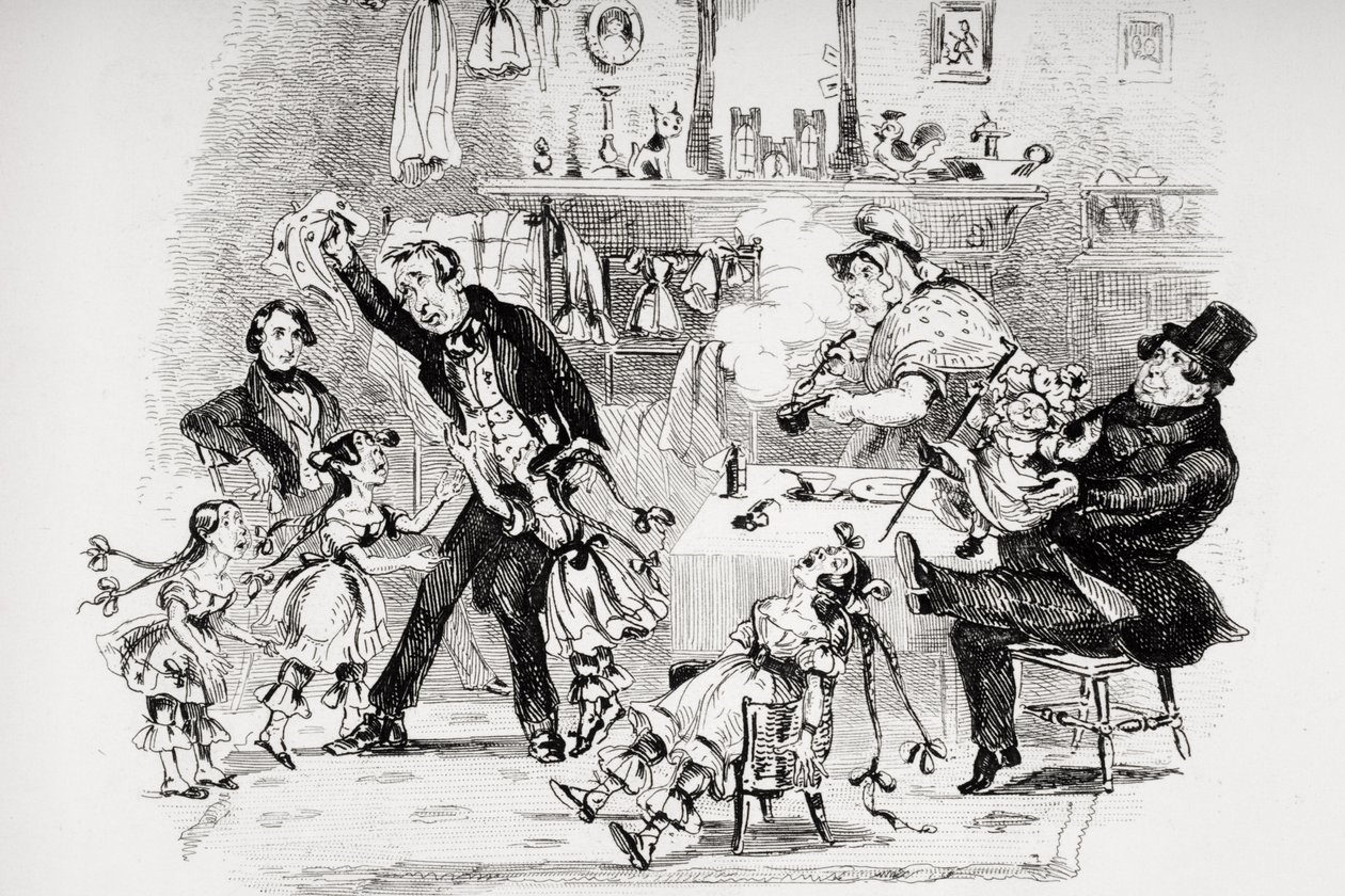 Herra Kenwigsin tunteet, kun hän kuulee Nicholasin perheuutiset, kuvitus Charles Dickensin (1812-70) teoksesta "Nicholas Nickleby", julkaistu 1839 (ks. myös 259139). tekijältä Hablot Knight Browne
