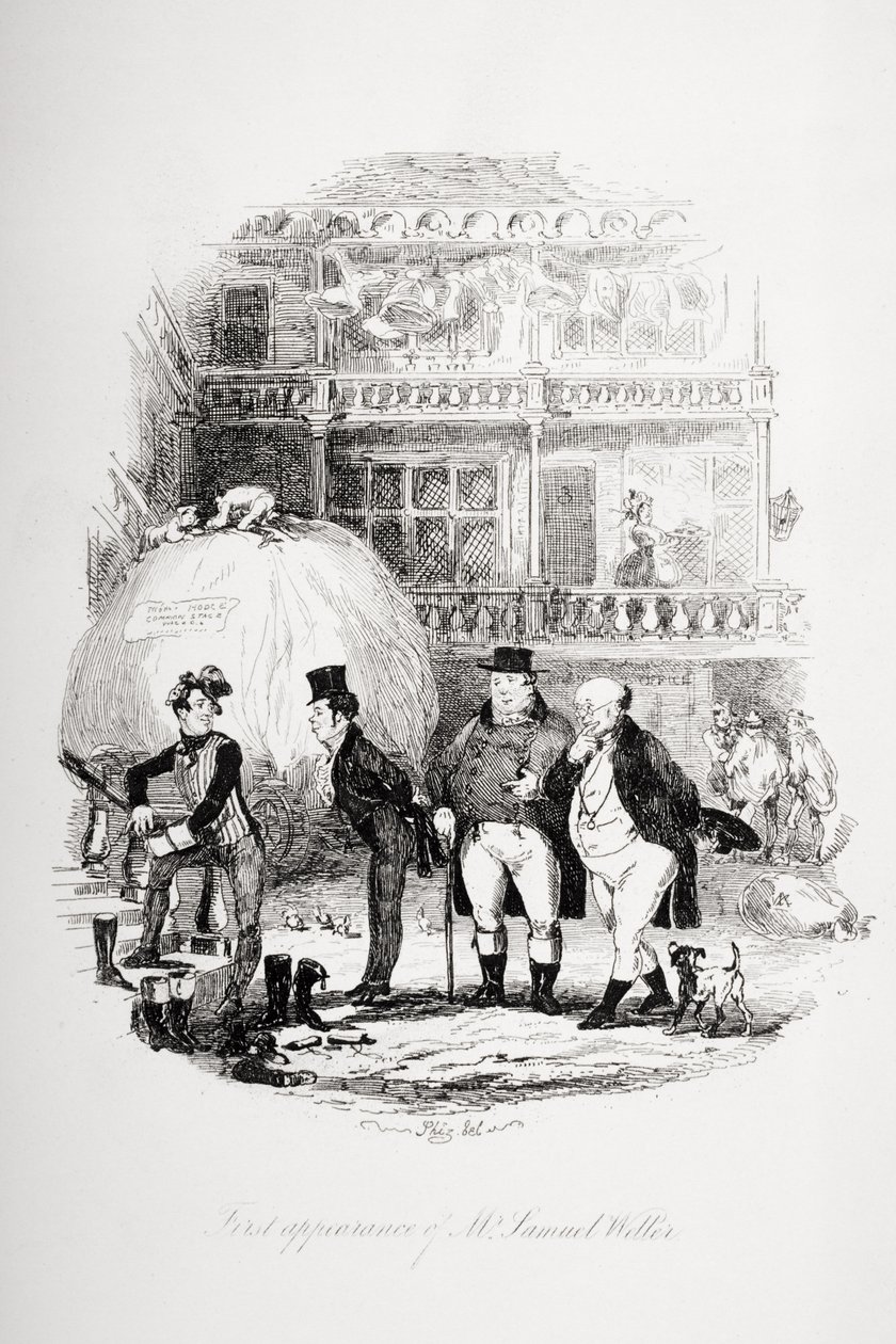 Herra Samuel Wellerin ensiesiintyminen, kuvitus Charles Dickensin (1812-70) Pickwick Papersista, julkaistu 1837 tekijältä Hablot Knight Browne