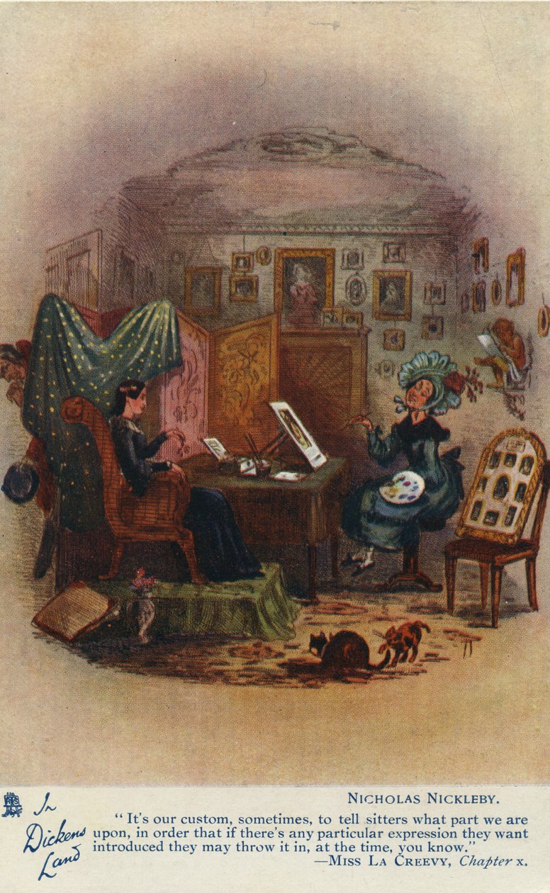 Dickensin maassa - Nicholas Nickleby -postikortti, noin 1905 tekijältä Hablot Knight Browne