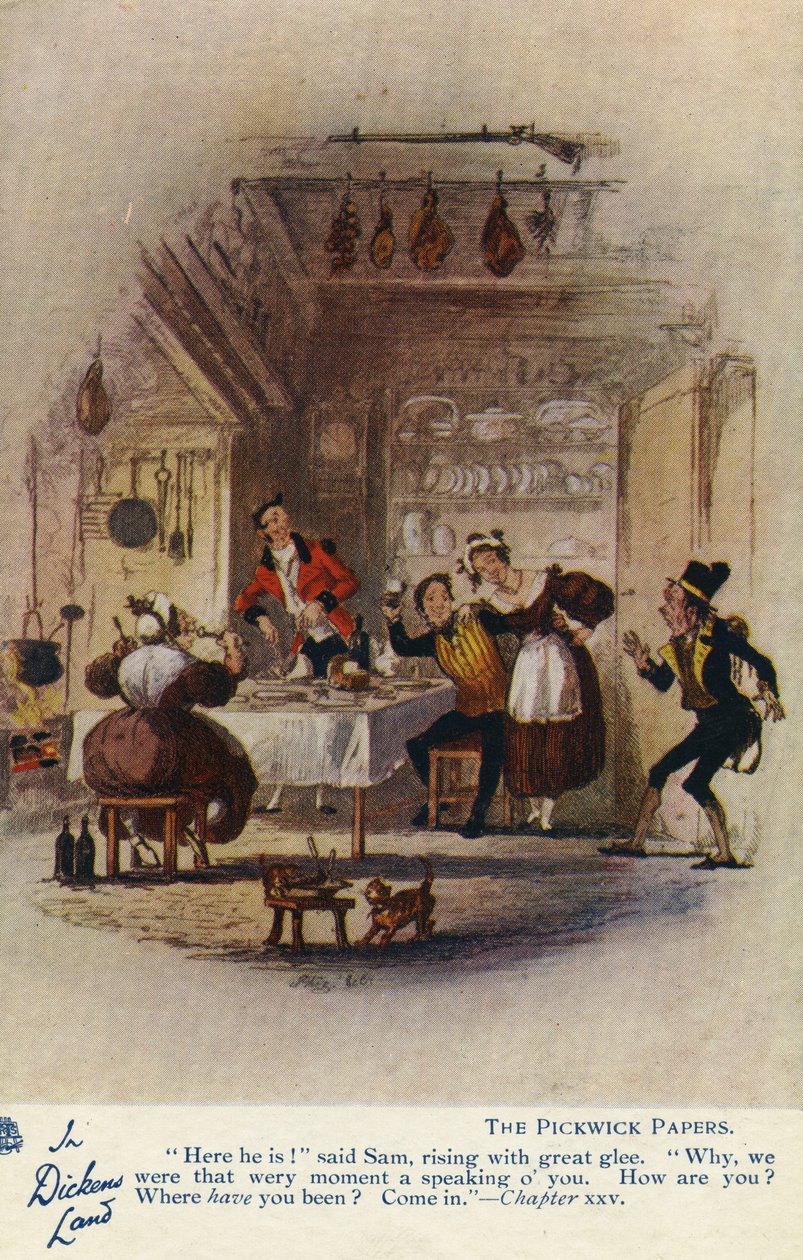 Dickensin maassa - The Pickwick Papers -postikortti, n.1905 tekijältä Hablot Knight Browne
