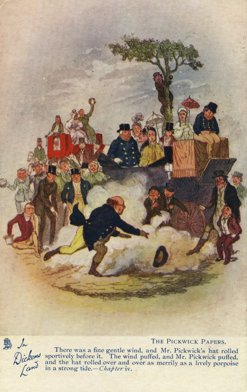Dickensin maassa - The Pickwick Papers -postikortti, n.1905 tekijältä Hablot Knight Browne
