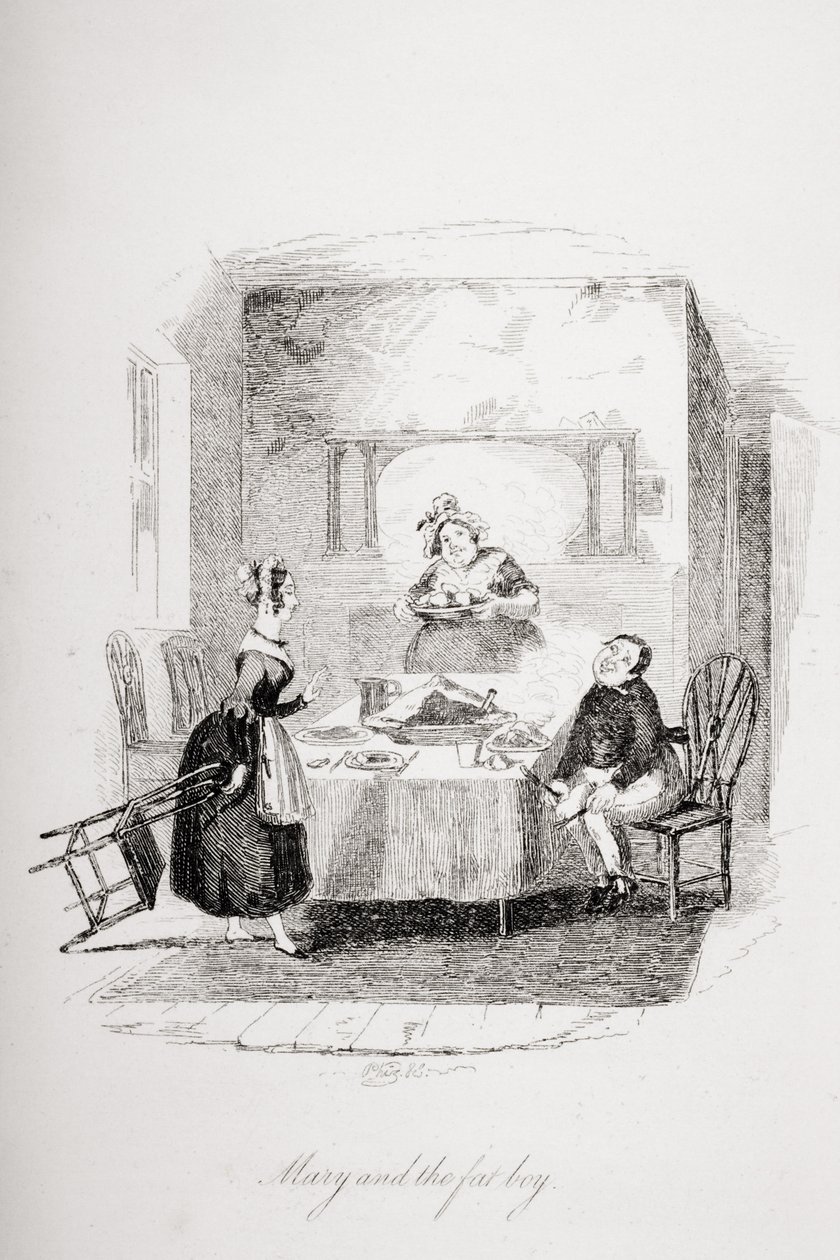 Mary ja lihava poika, kuvitus Charles Dickensin (1812-70) Pickwick Papersista, julkaistu 1837 tekijältä Hablot Knight Browne