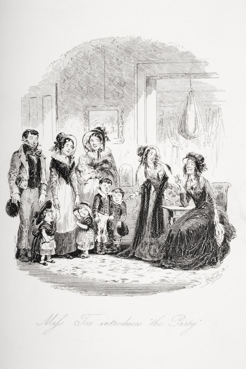 Miss Tox esittelee "The Party", kuvitus Charles Dickensin (1812-70) "Dombey and Son" -teoksesta, joka julkaistiin ensimmäisen kerran 1848 tekijältä Hablot Knight Browne